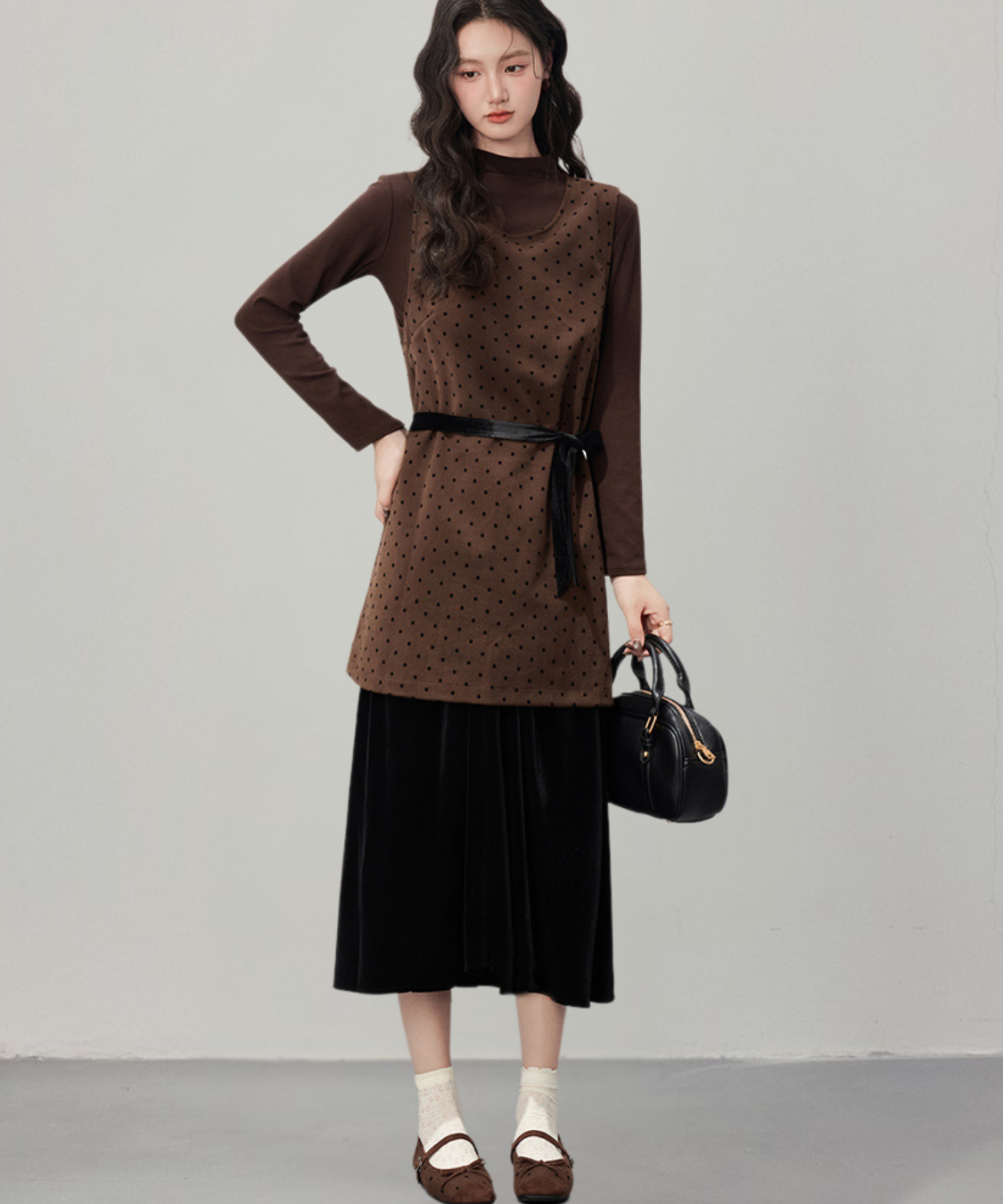 リボン付きドットベロアフェイクツーピースワンピース