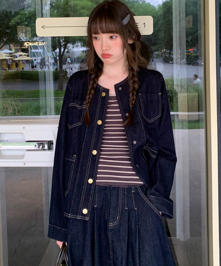 ノーカラー前開きステッチデニムジャケット（セットアップ可