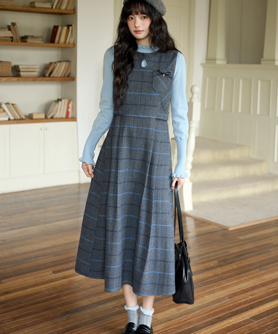 ウエスト切替チェックリボンワンピース