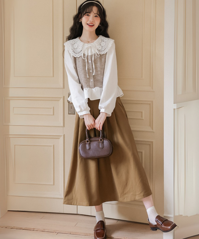 レースビッグカラーレイヤード風ニットベストブラウス