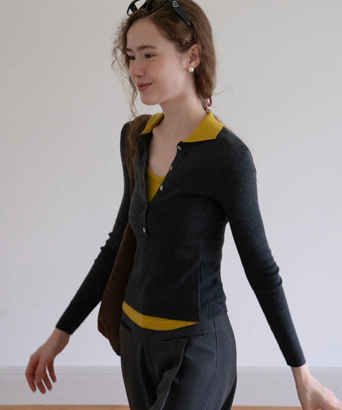 配色レイヤード風ポロカラーニットトップス