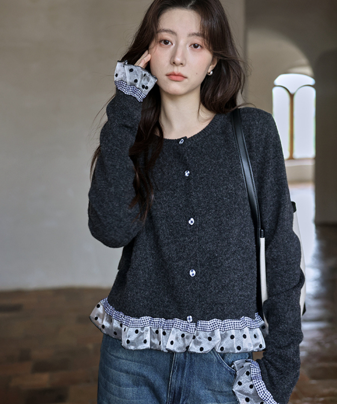 ドットチュールギンガムチェックフリルカーディガン