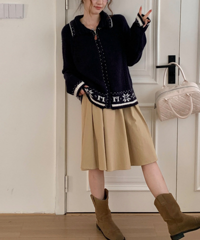 ノルディック調配色ラインジップアップニットカーディガン