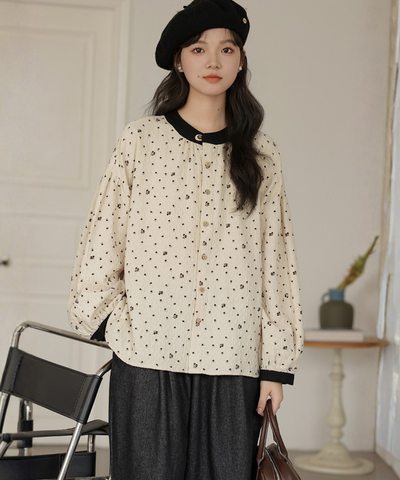 配色バンドカラー小花柄ブラウス