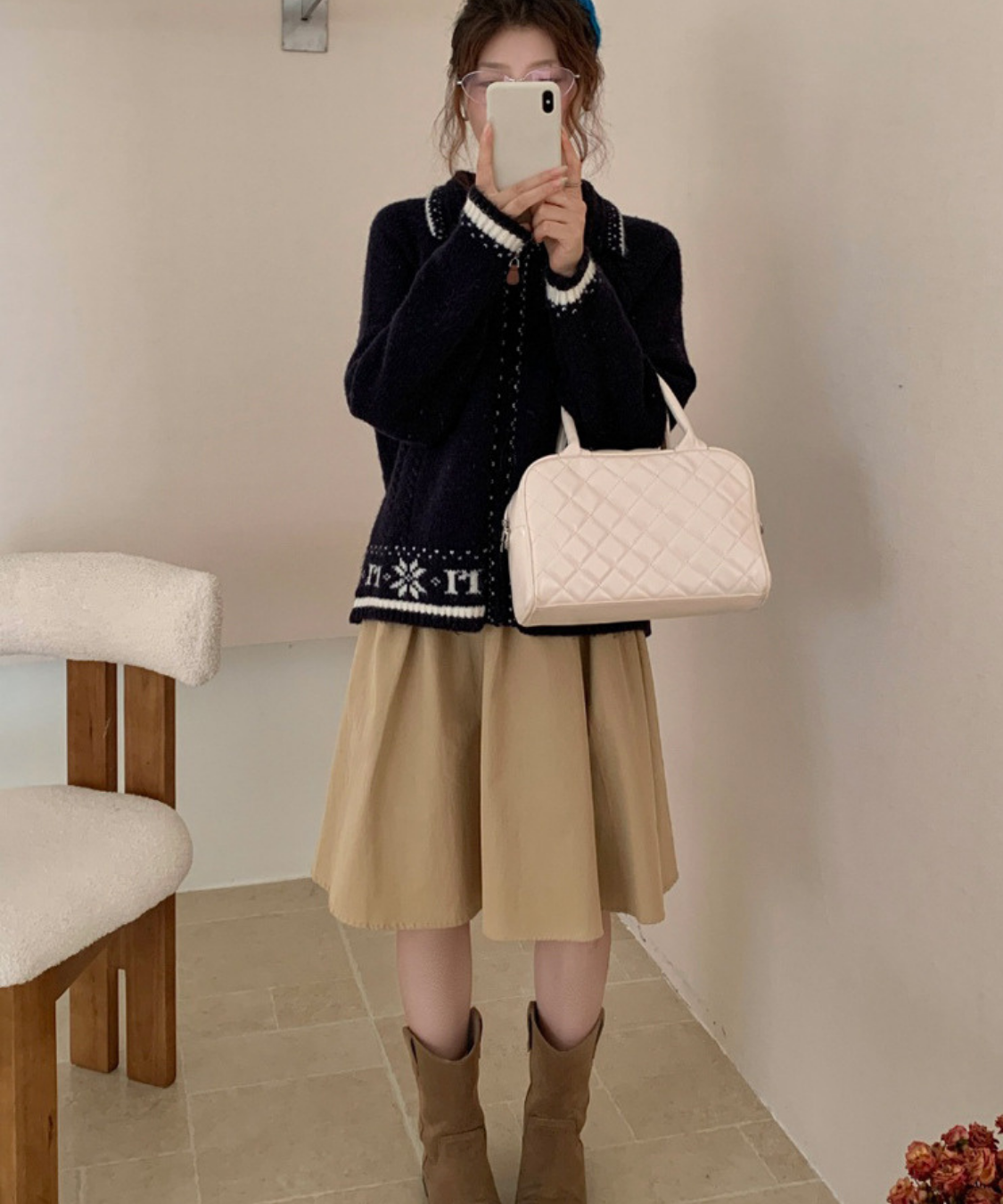 ノルディック調配色ラインジップアップニットカーディガン