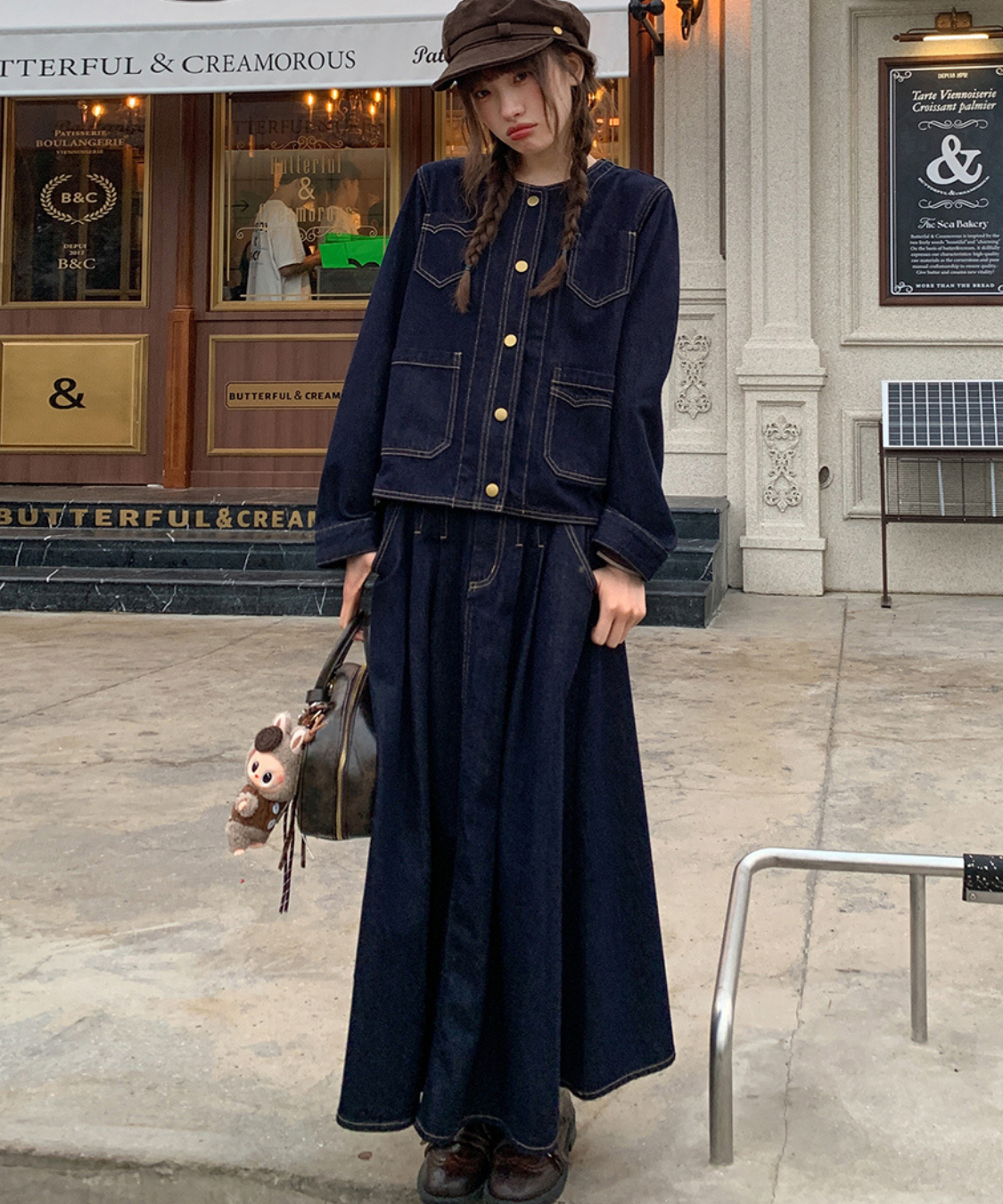 ステッチデザインAラインデニムスカート（セットアップ可