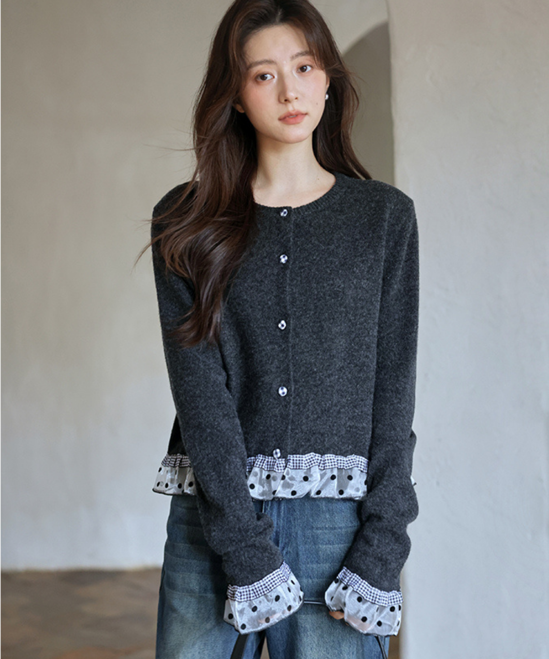 ドットチュールギンガムチェックフリルカーディガン