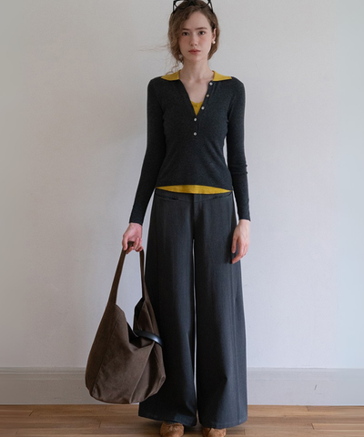 配色レイヤード風ポロカラーニットトップス