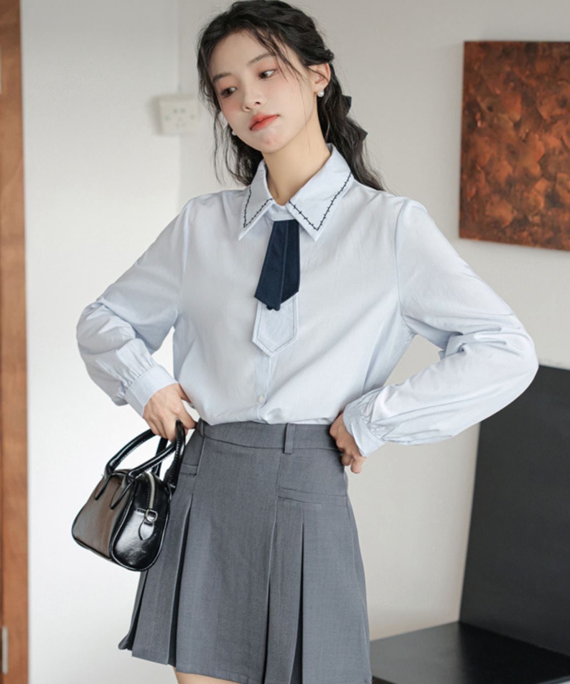 ステッチカラーリボンタイシャツブラウス