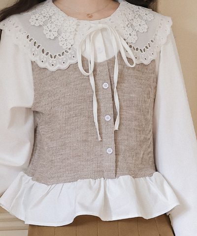 レースビッグカラーレイヤード風ニットベストブラウス