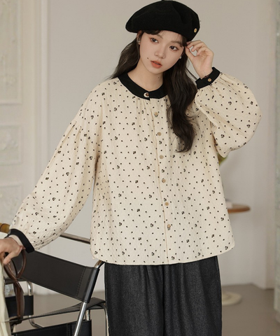 配色バンドカラー小花柄ブラウス