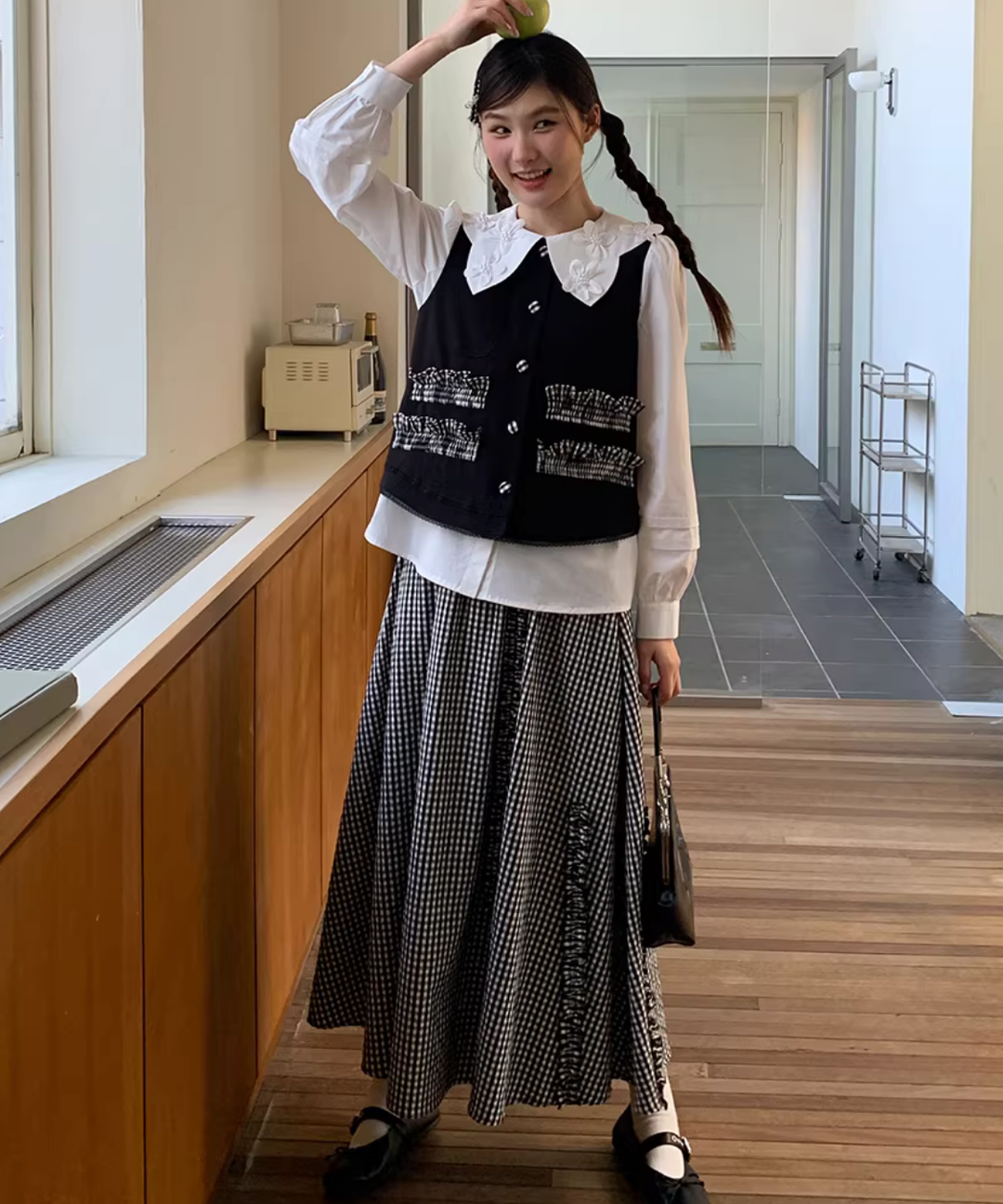 配色フリルデザインベスト＋ギンガムチェックフリンジ切り替えスカート