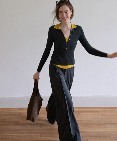 配色レイヤード風ポロカラーニットトップス