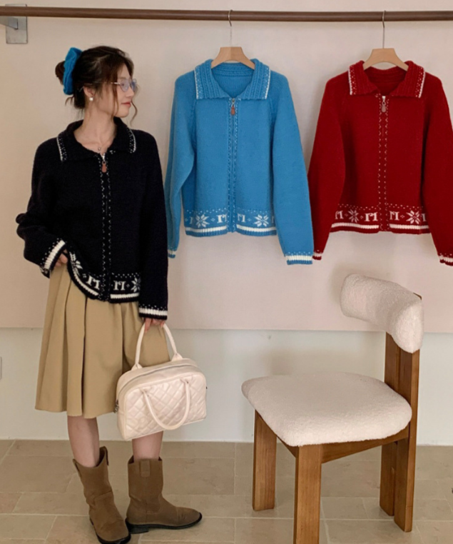 ノルディック調配色ラインジップアップニットカーディガン