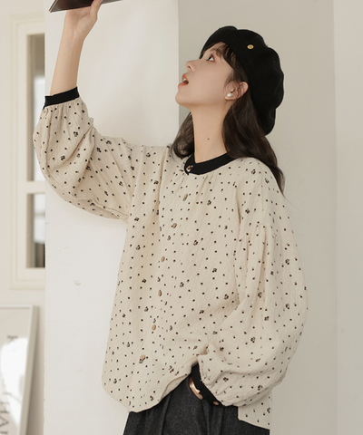 配色バンドカラー小花柄ブラウス