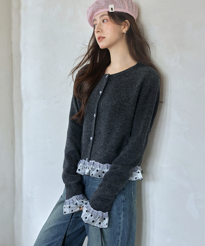 ドットチュールギンガムチェックフリルカーディガン