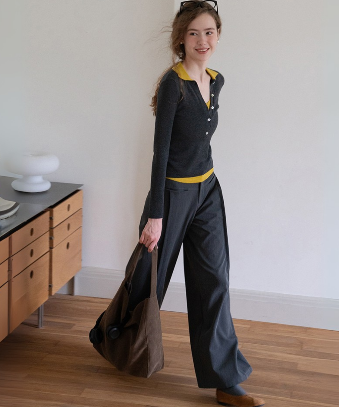 配色レイヤード風ポロカラーニットトップス