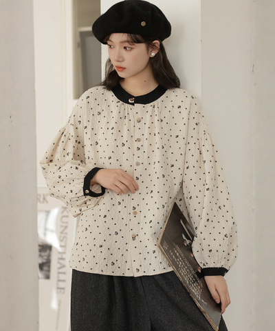 配色バンドカラー小花柄ブラウス