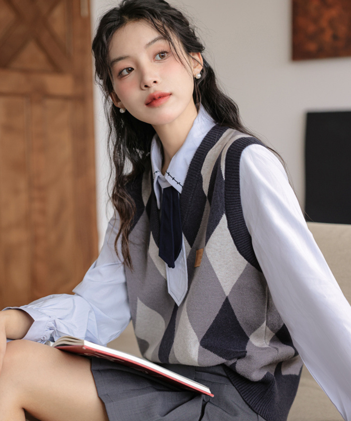 ステッチカラーリボンタイシャツブラウス