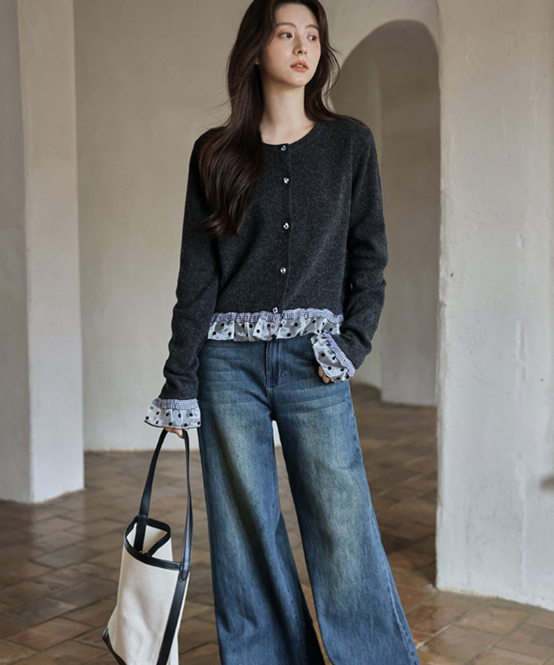 ドットチュールギンガムチェックフリルカーディガン