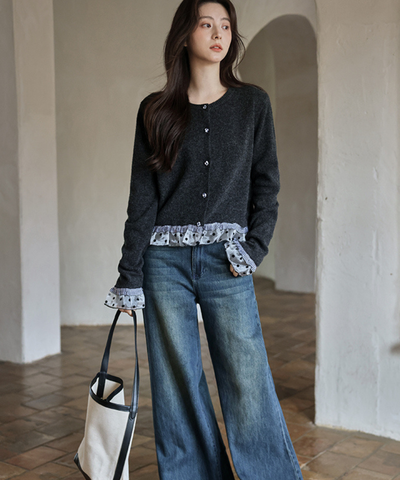 ドットチュールギンガムチェックフリルカーディガン