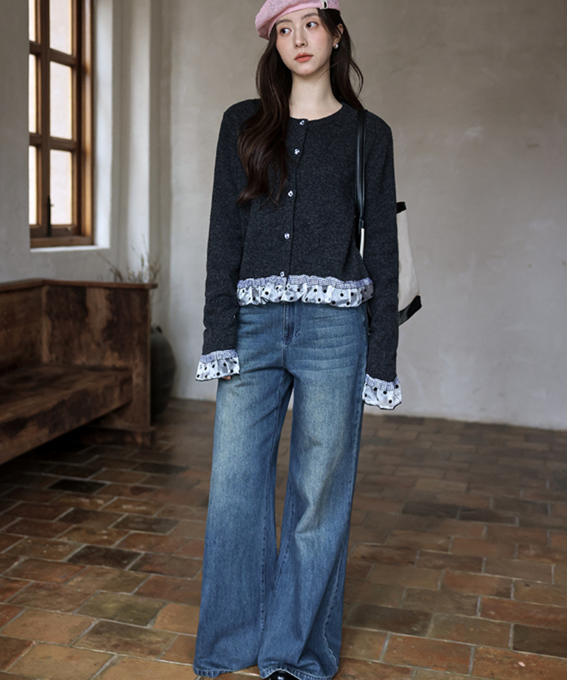 ドットチュールギンガムチェックフリルカーディガン