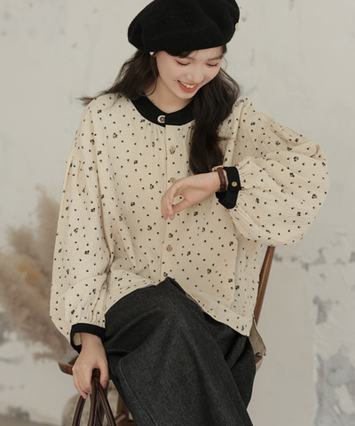 配色バンドカラー小花柄ブラウス