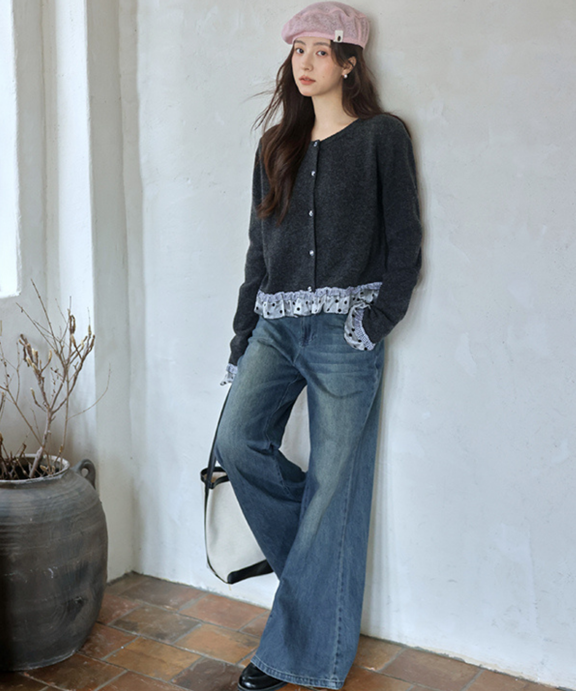 ドットチュールギンガムチェックフリルカーディガン