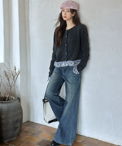 ドットチュールギンガムチェックフリルカーディガン