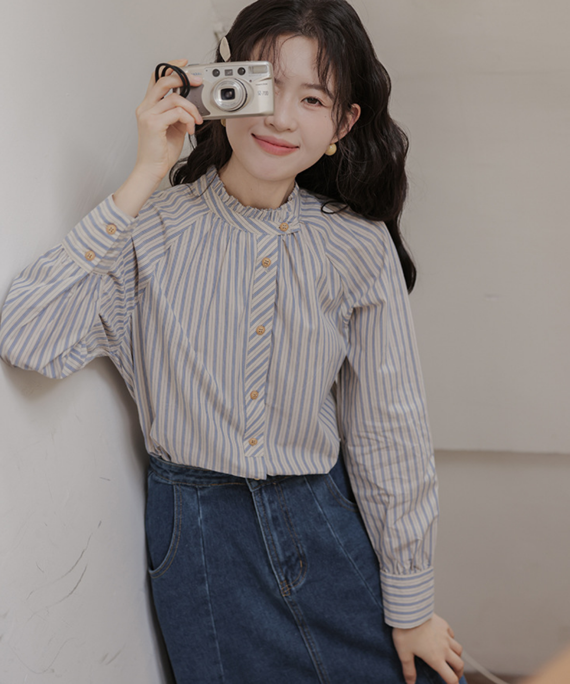 45R umii908◆ レース フリル スタンドカラー ストライプシャツ umii908 フリル スタンドカラー ストライプシャツ 45R 45R - 45R