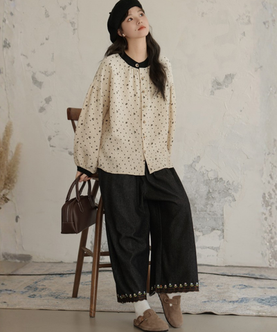 配色バンドカラー小花柄ブラウス