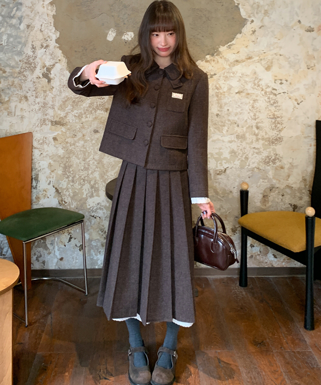 レースレイヤード袖ジャケット＋ボックスプリーツスカート 2点セット