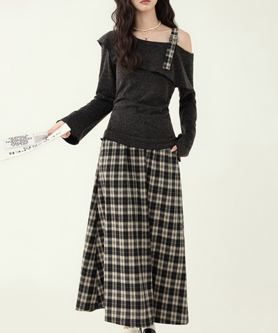 アシンメトリーボートネックトップス＋チェックフレアスカート 2点セット