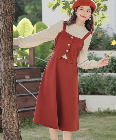 肩紐付きビスチェ風フェイクレイヤードワンピース