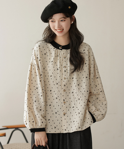 配色バンドカラー小花柄ブラウス