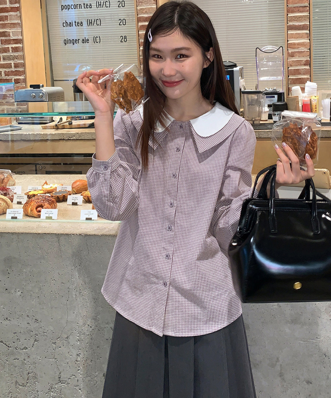 ダブルカラーギンガムチェック長袖ブラウス – jemiremi（ジェミレミ）