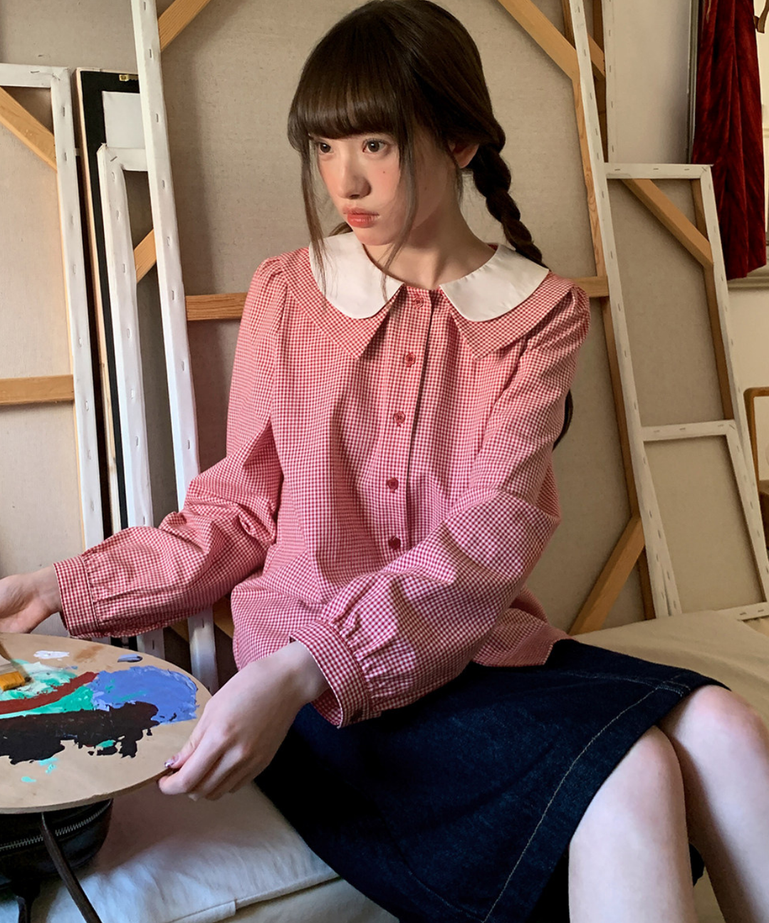 ダブルカラーギンガムチェック長袖ブラウス – jemiremi（ジェミレミ）