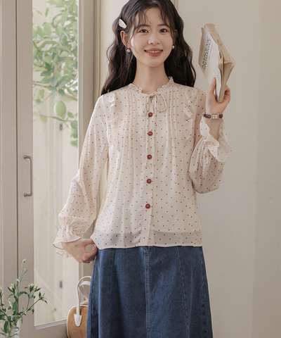 ドット柄フリルリボンブラウス