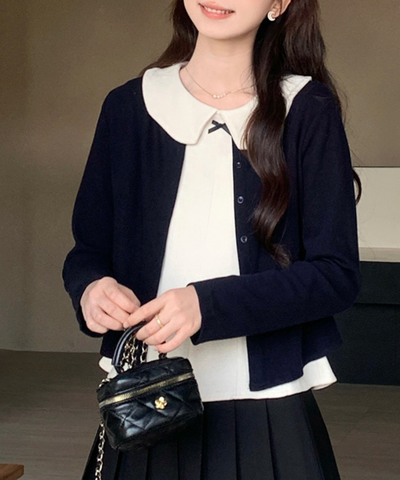 丸襟リボンノースリーブ＋カーディガン 2点セット