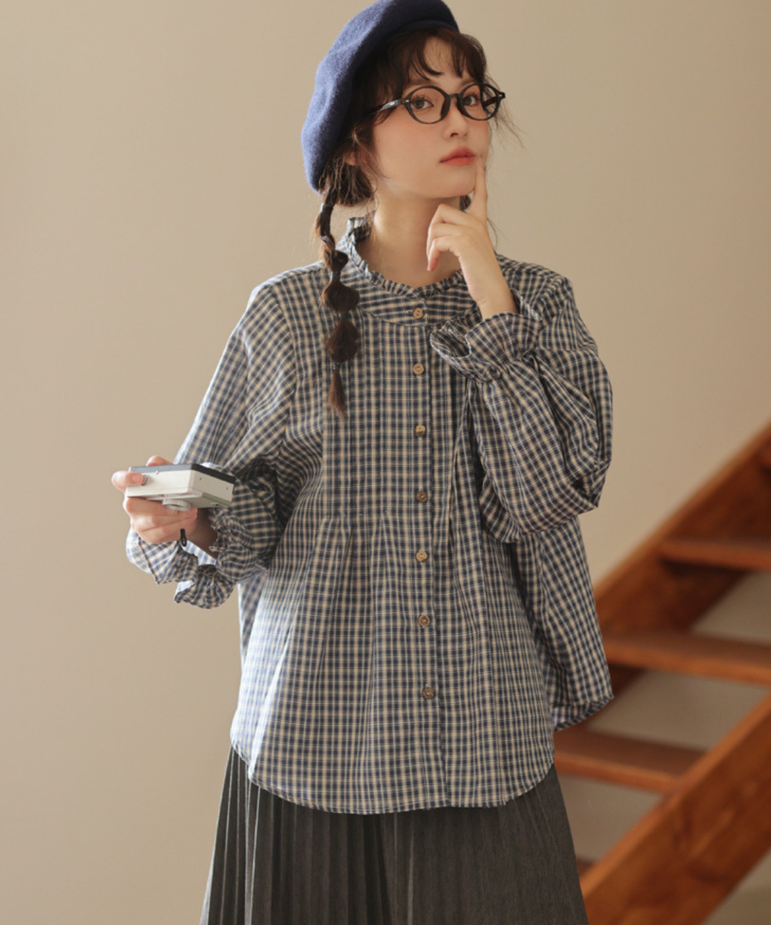 フリルスタンドカラーギンガムチェックブラウス – jemiremi（ジェミレミ）