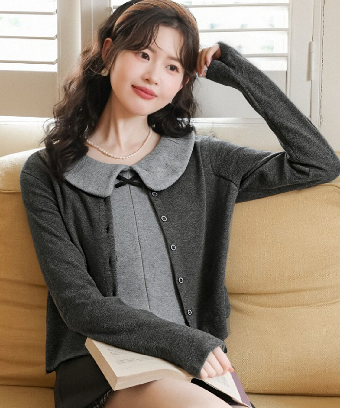 丸襟リボンノースリーブ＋カーディガン 2点セット