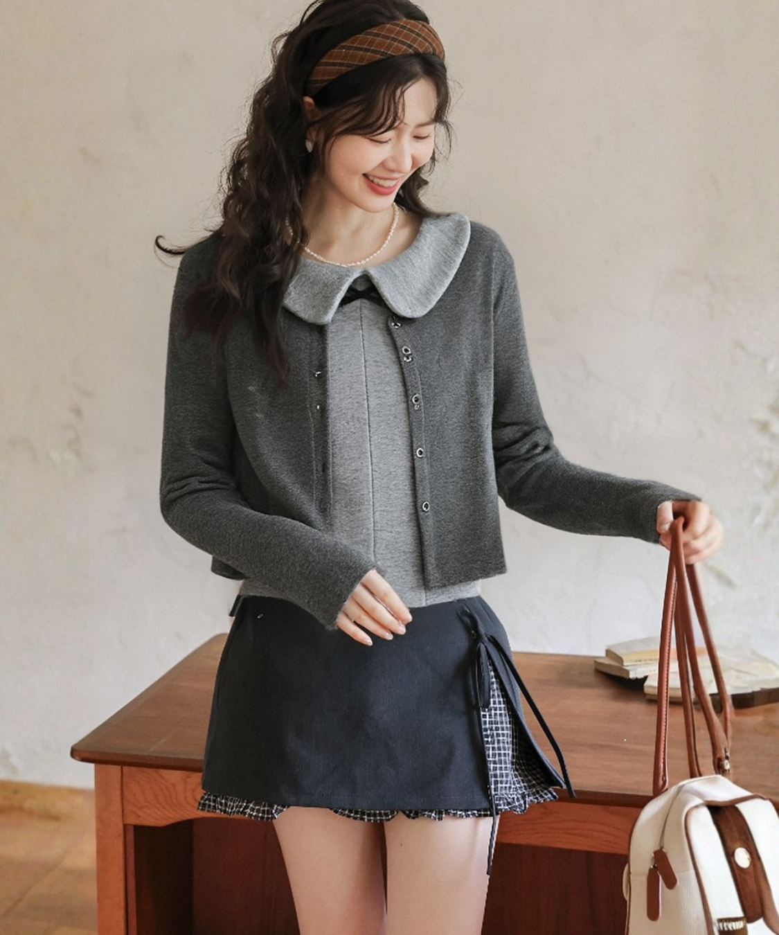 丸襟リボンノースリーブ＋カーディガン 2点セット