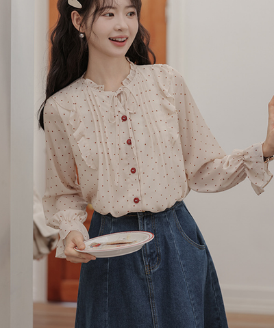 ドット柄フリルリボンブラウス