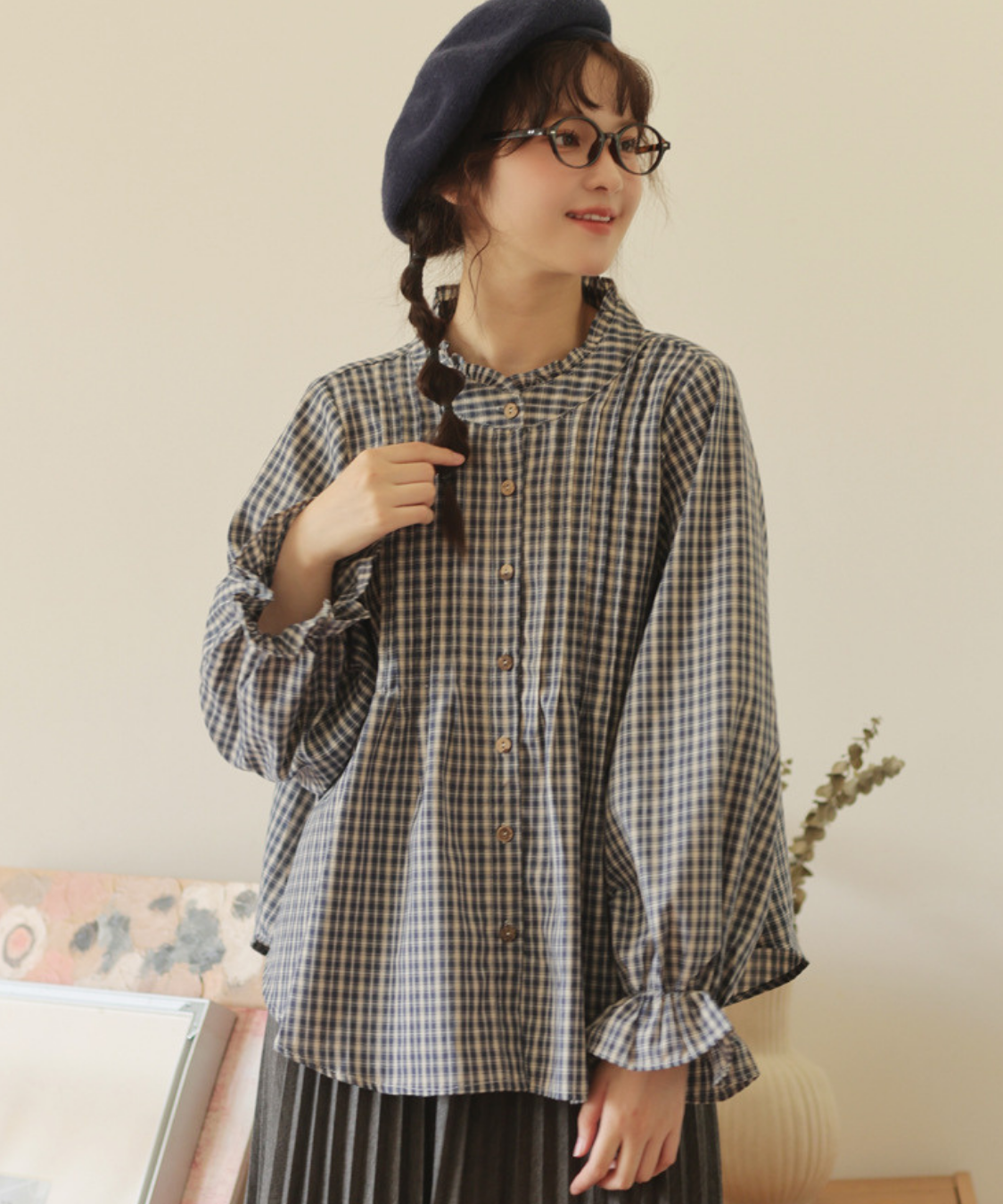 フリルスタンドカラーギンガムチェックブラウス – jemiremi（ジェミレミ）