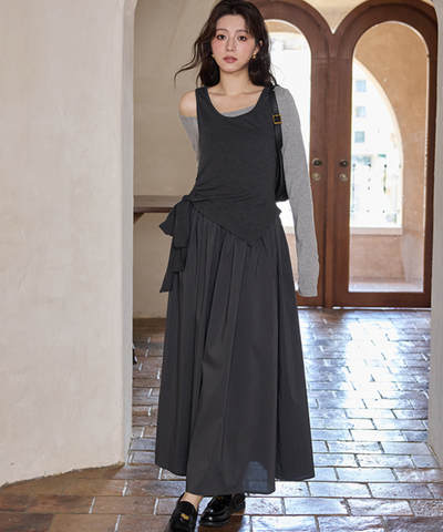 アシンメトリーノースリーブ＋ワンショルダー風ワンピース2点セット