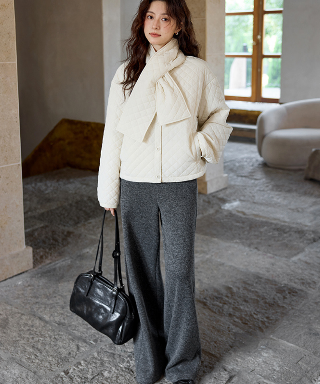 マフラー付きダイヤキルティングジャケット