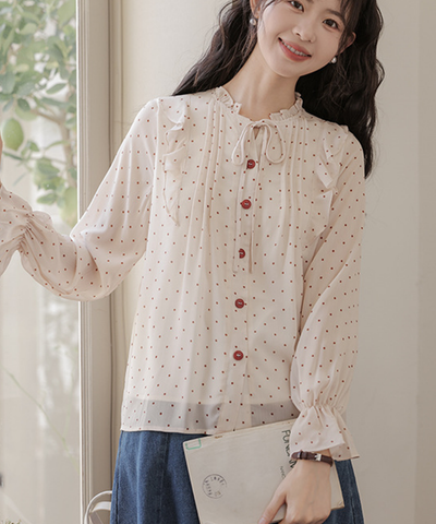 ドット柄フリルリボンブラウス