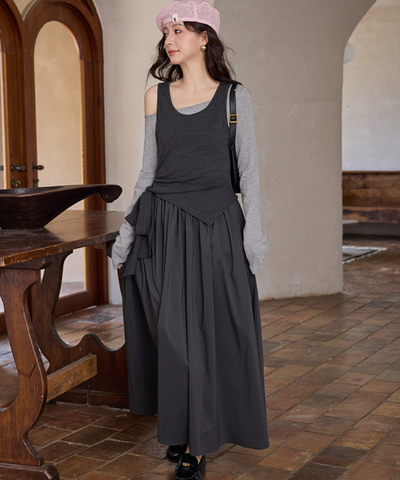 アシンメトリーノースリーブ＋ワンショルダー風ワンピース2点セット