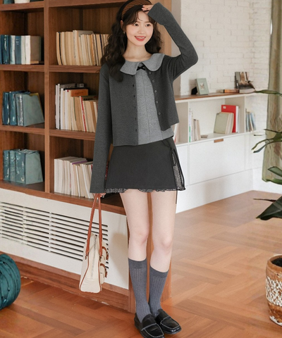 丸襟リボンノースリーブ＋カーディガン 2点セット