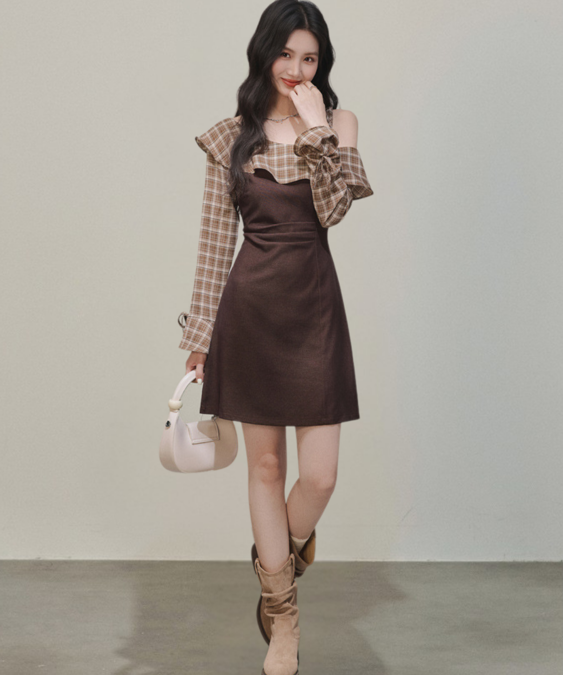 ワンショルダーチェック柄フリルワンピース